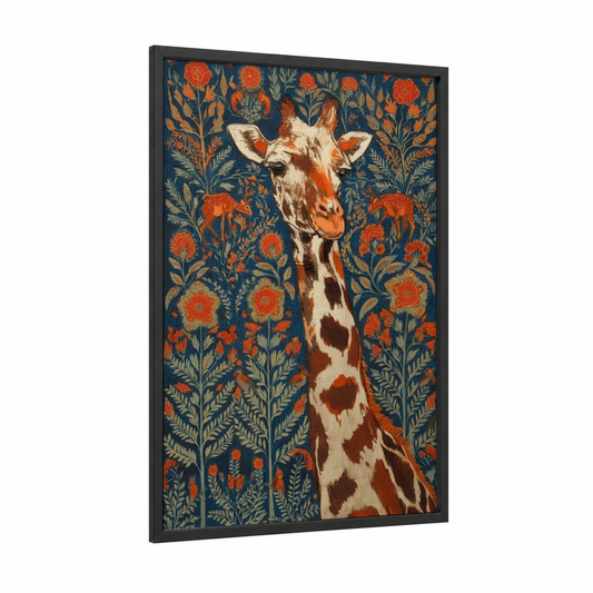 Botanical Giraffe framed art print — black wood frame — dark blue and orange palette