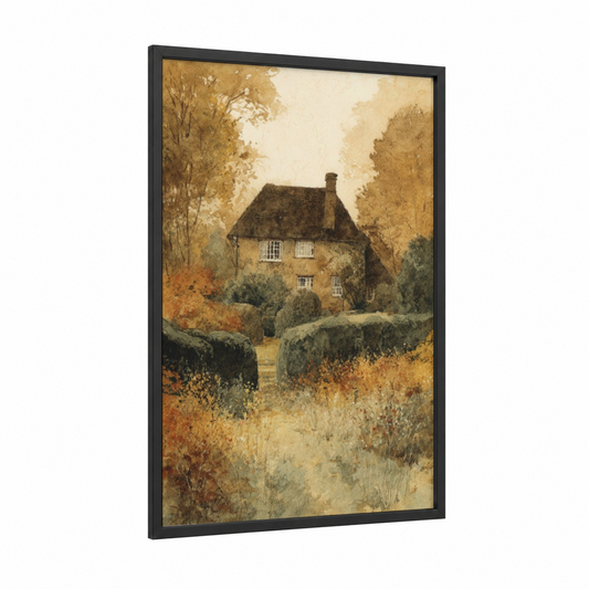 Autumn Cottage framed art print — black wood frame — gold and russet palette