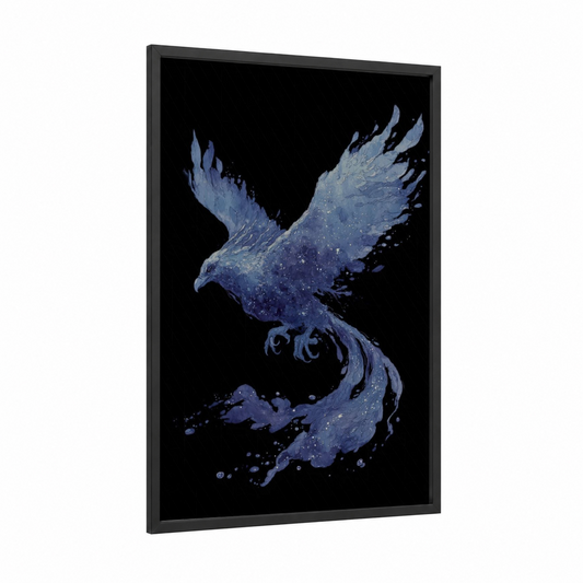 Celestial Griffin framed art print — black wood frame — blue and purple palette