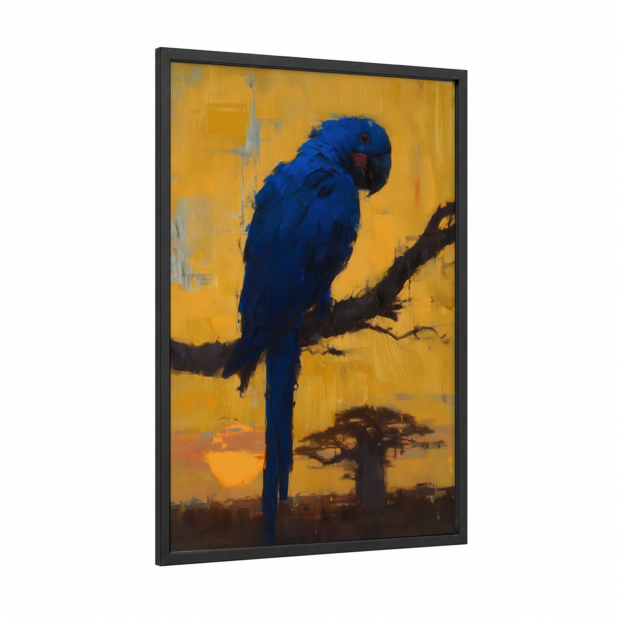 Golden Sunset Parrot framed safari parrots print — black wood frame — blue and gold palette