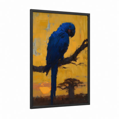 Golden Sunset Parrot framed safari parrots print — black wood frame — blue and gold palette