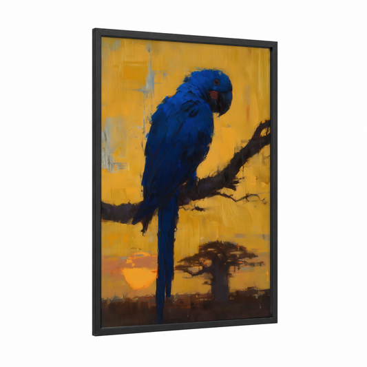 Golden Sunset Parrot framed safari parrots print — black wood frame — blue and gold palette