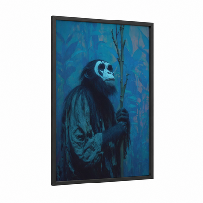 Contemplative Chimp framed chimpanzee print — black wood frame — blue and black palette