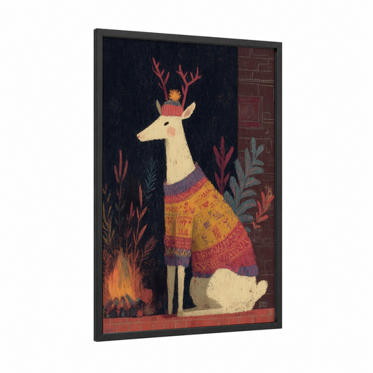 Festive Reindeer framed art print — black wood frame — gold and maroon palette