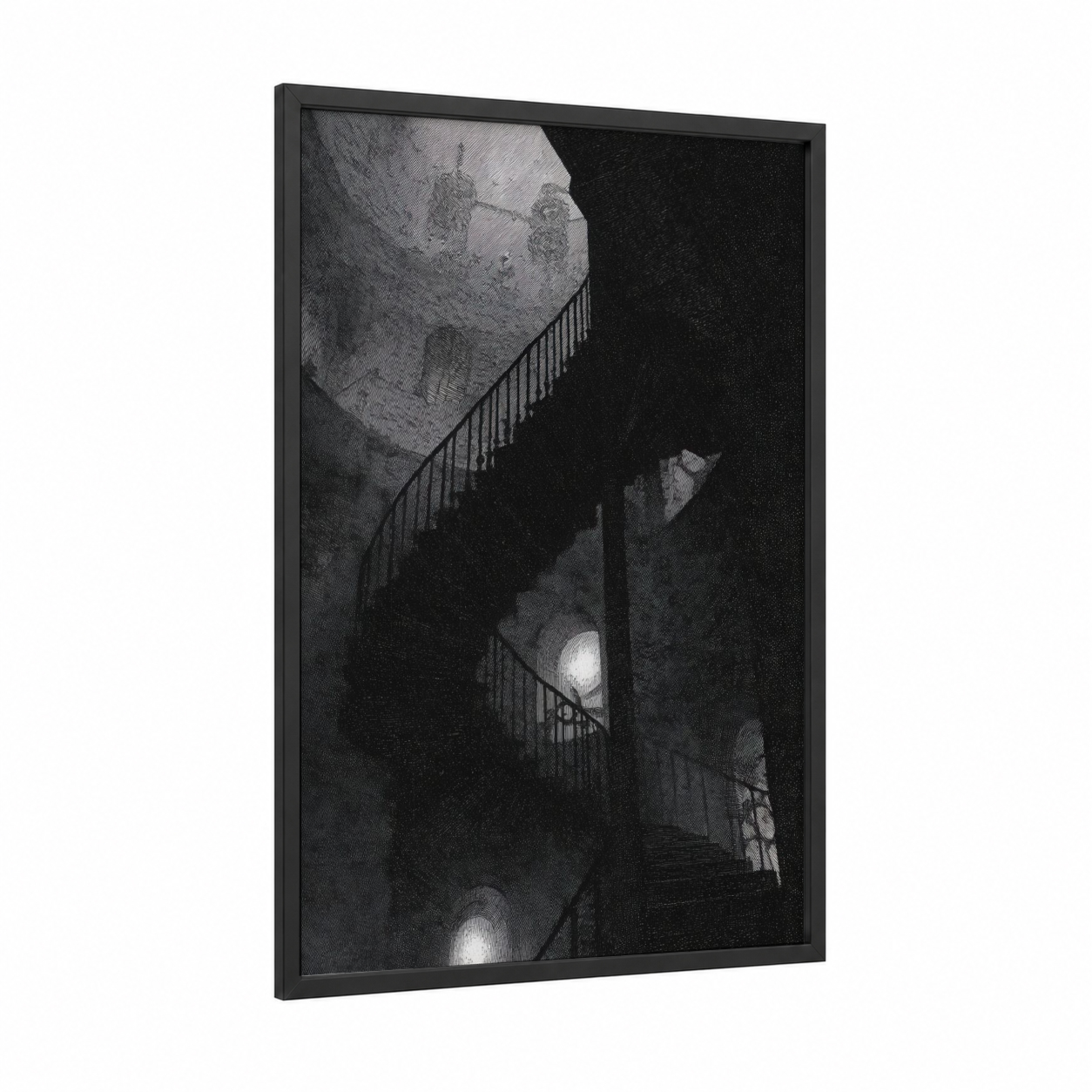 Spiral Staircase framed art print — black wood frame — black and white and gray palette