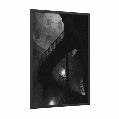 Spiral Staircase framed art print — black wood frame — black and white and gray palette