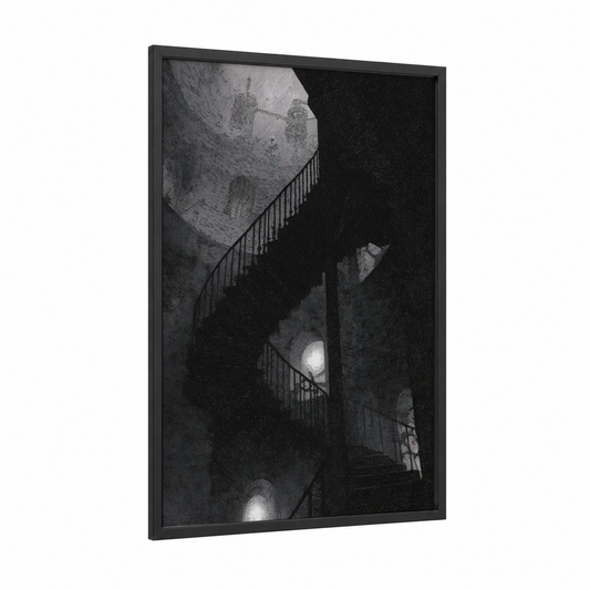 Spiral Staircase framed art print — black wood frame — black and white and gray palette