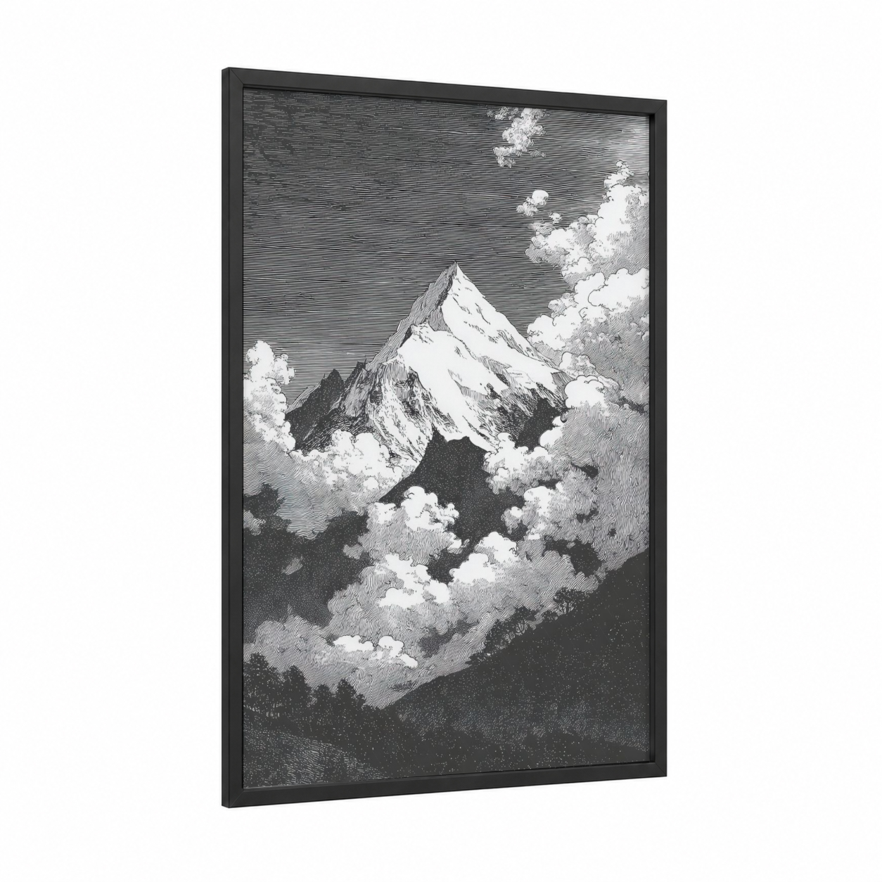 Snowy Peak Majesty framed mount everest print — black wood frame — black and white and gray palette