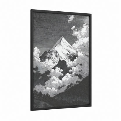 Snowy Peak Majesty framed mount everest print — black wood frame — black and white and gray palette