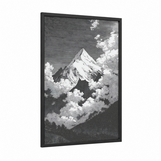 Snowy Peak Majesty framed mount everest print — black wood frame — black and white and gray palette