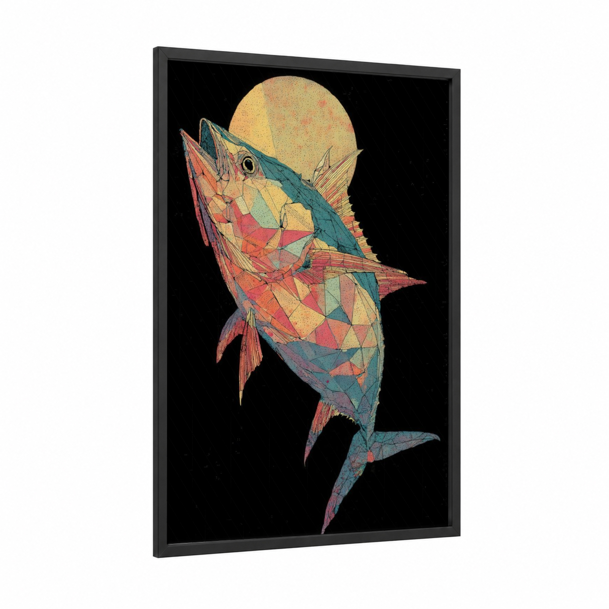 Geometric Tuna framed art print — black wood frame — gold and teal palette