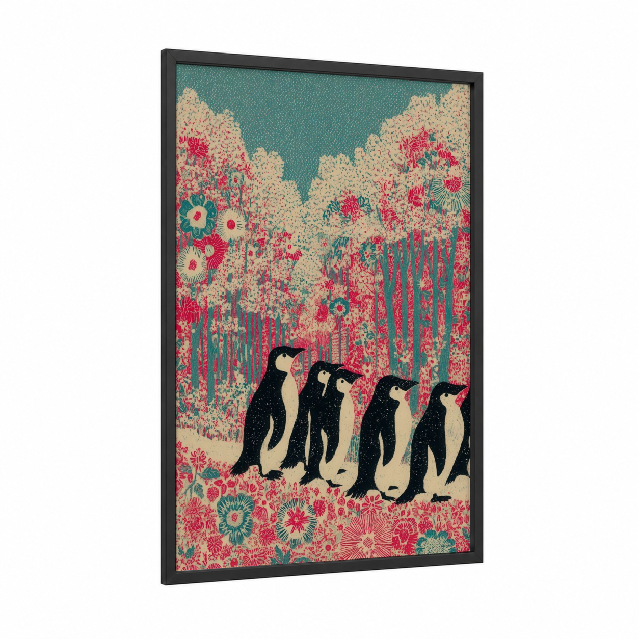 Flower Field Penguins framed art print — black wood frame — teal and red palette