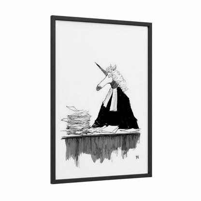 Legal Unicorn framed unicorns print — black wood frame — black and white palette