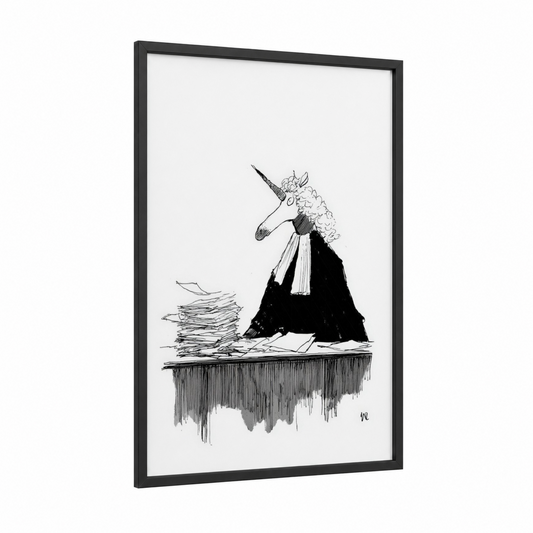 Legal Unicorn framed unicorns print — black wood frame — black and white palette