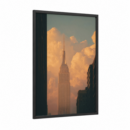 Golden Hour Empire framed empire state building print — black wood frame — gold and gray palette