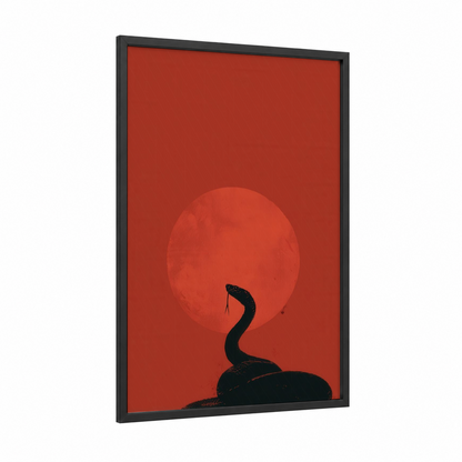Crimson Python Silhouette framed art print — black wood frame — red and black palette