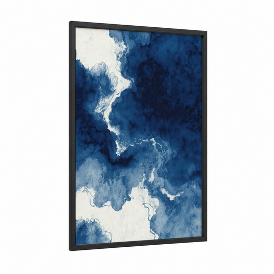 Nebula framed art print — black wood frame — blue and white palette