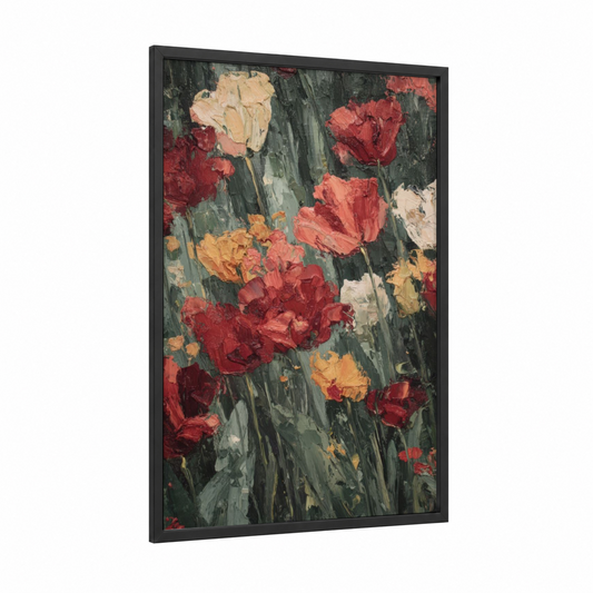 Crimson Tulip Garden framed art print — black wood frame — red and dark green palette