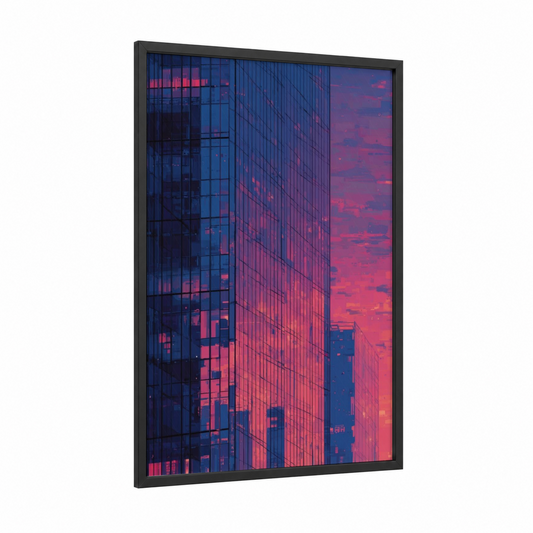 Sunset Reflection Window framed art print — black wood frame — magenta and blue palette
