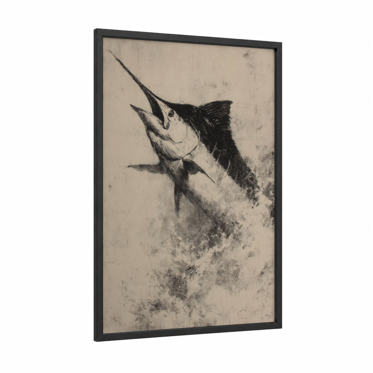 Marlin Strike framed art print — black wood frame — black and white and cream palette