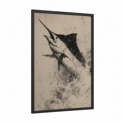 Marlin Strike framed art print — black wood frame — black and white and cream palette