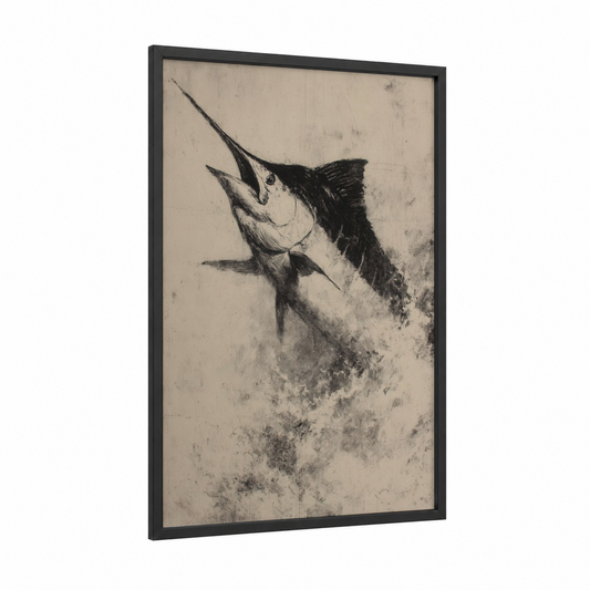 Marlin Strike framed art print — black wood frame — black and white and cream palette