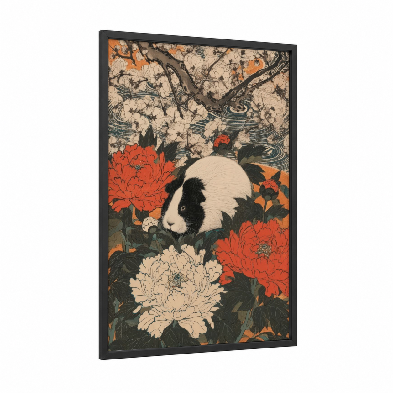 Garden Guinea Pig framed art print — black wood frame — orange and red palette