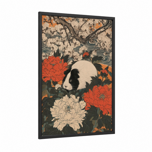 Garden Guinea Pig framed art print — black wood frame — orange and red palette