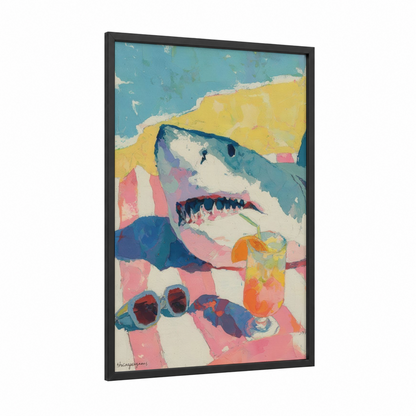 Vacation Shark framed basking shark print — black wood frame — turquoise and salmon pink palette