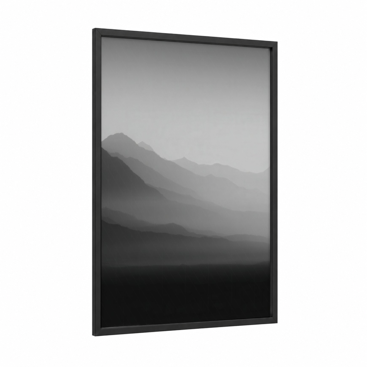 Misty Mountain Layers framed abstract minimalist print — black wood frame — gray and black and white palette