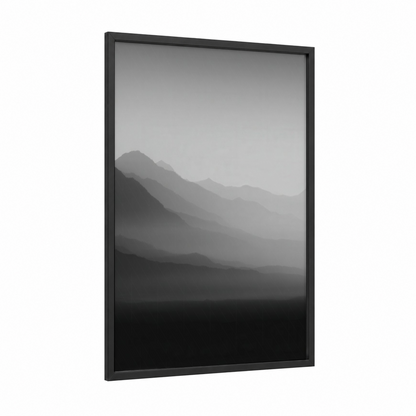 Misty Mountain Layers framed abstract minimalist print — black wood frame — gray and black and white palette