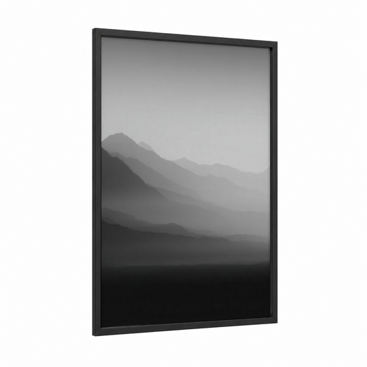 Misty Mountain Layers framed abstract minimalist print — black wood frame — gray and black and white palette