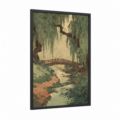 Willow Forest Bridge framed art print — black wood frame — light green and cream palette