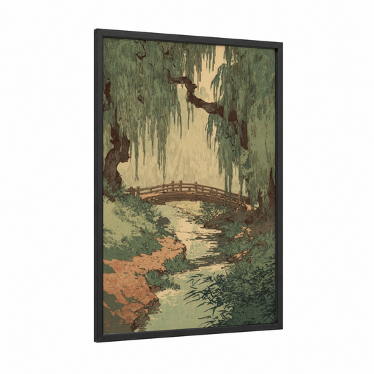 Willow Forest Bridge framed art print — black wood frame — light green and cream palette