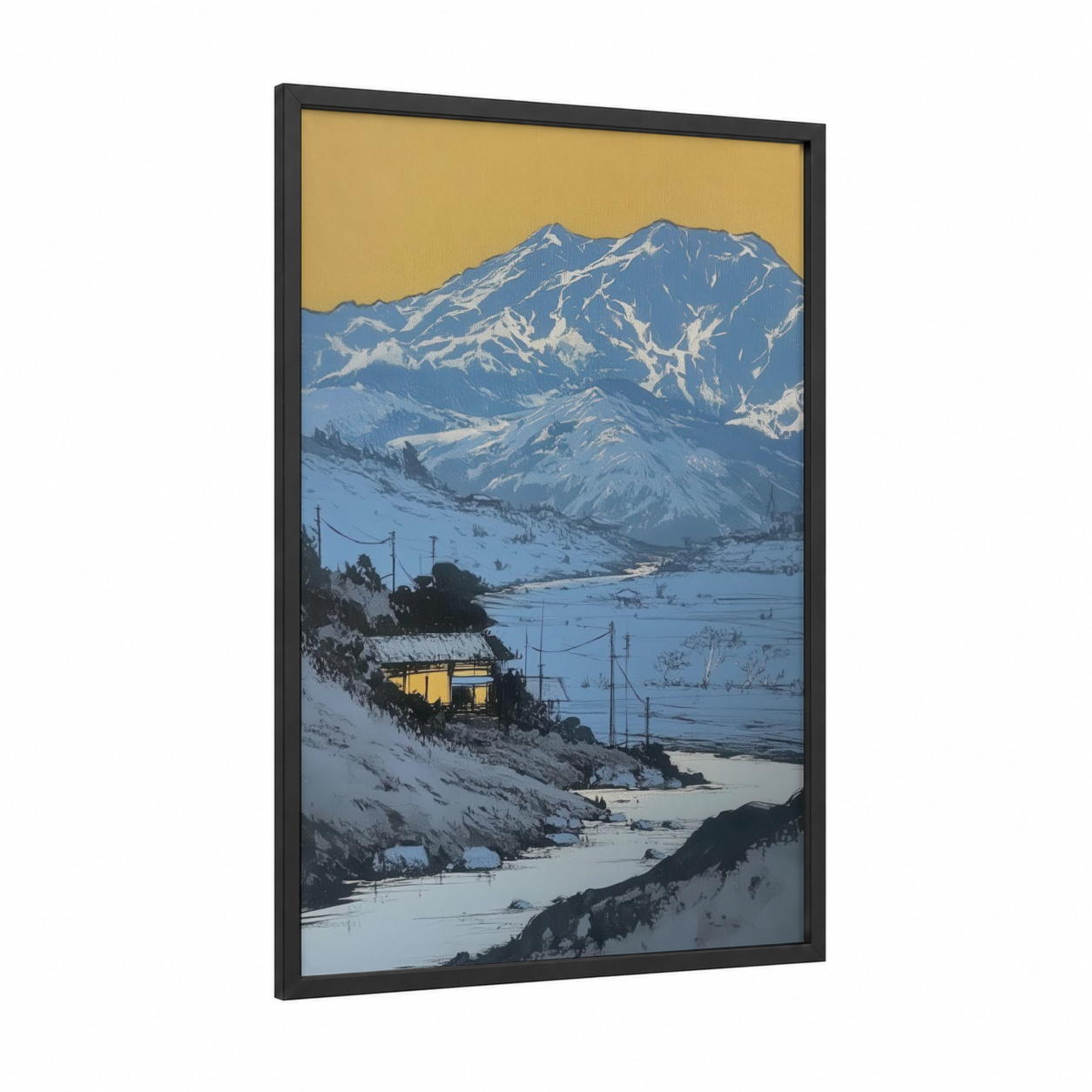 Snowy Mountain Valley framed various landscapes print — black wood frame — blue and gold palette