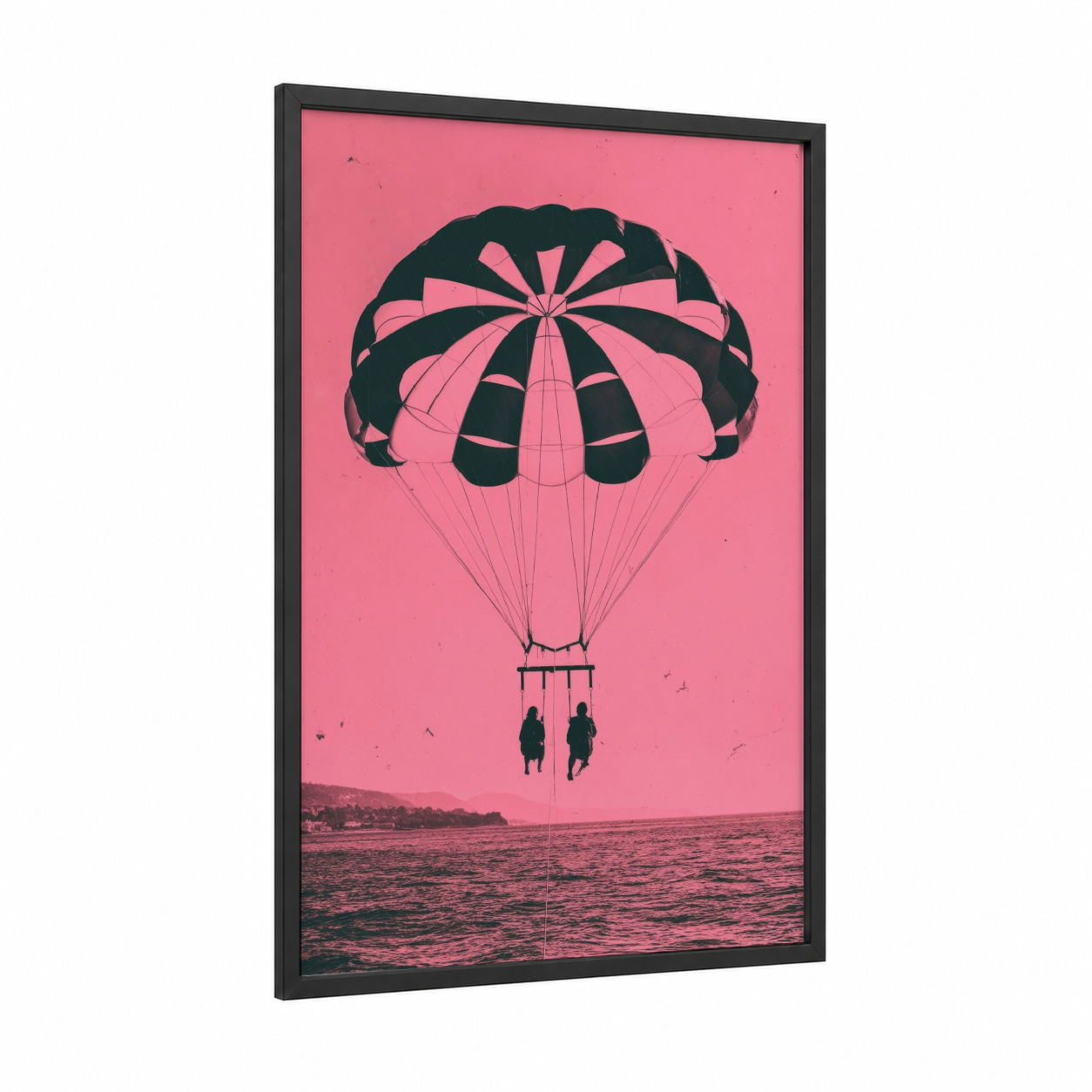 Pink Skies Parasailing framed art print — black wood frame — pink and black palette