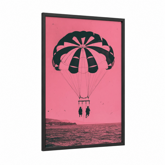 Pink Skies Parasailing framed art print — black wood frame — pink and black palette