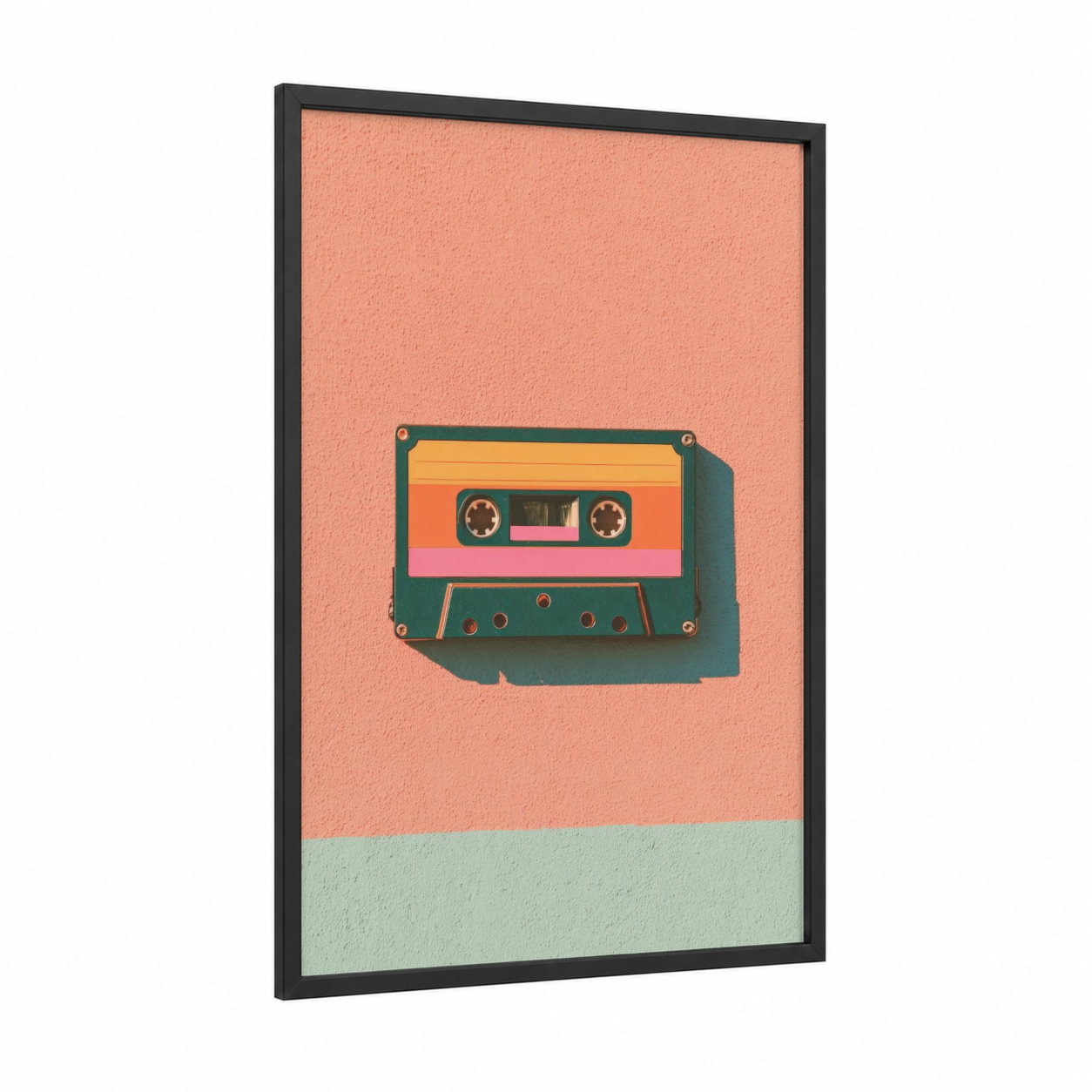 Retro Cassette Tape framed casette print — black wood frame — salmon pink and sage green palette