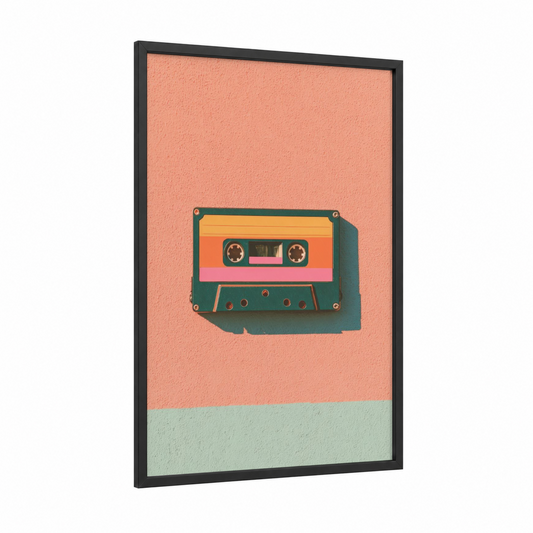 Retro Cassette Tape framed casette print — black wood frame — salmon pink and sage green palette