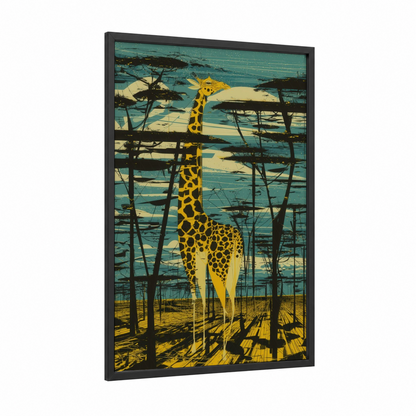 Golden Giraffe framed art print — black wood frame — yellow gold and teal palette