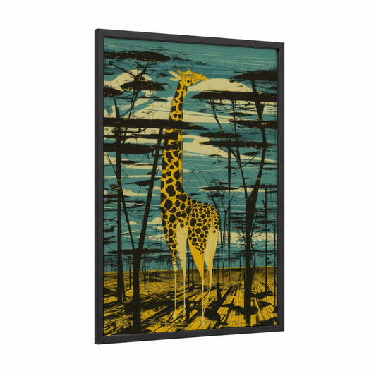 Golden Giraffe framed art print — black wood frame — yellow gold and teal palette