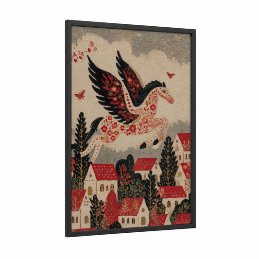 Crimson Pegasus framed art print — black wood frame — red and cream palette
