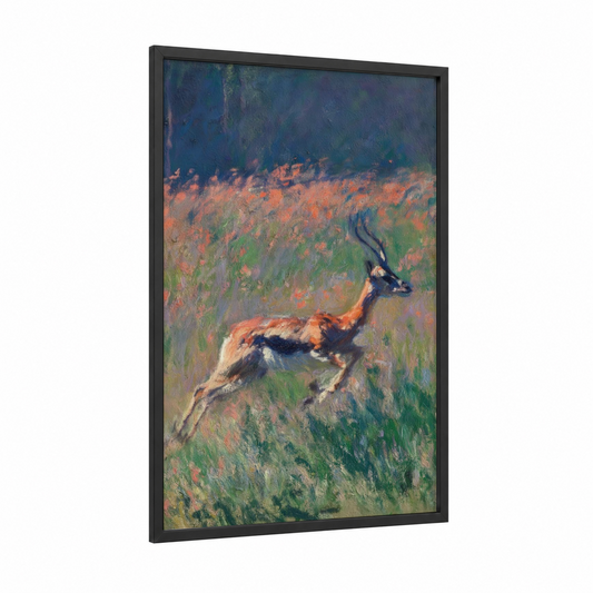 Leaping Antelope framed art print — black wood frame — orange and green palette