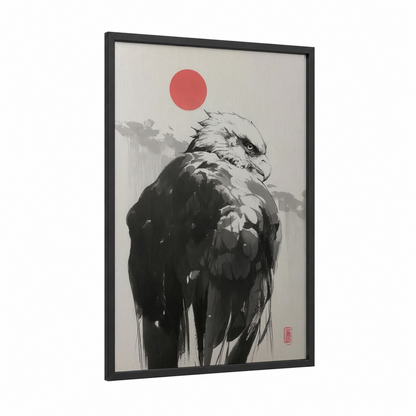 Crimson Eagle framed art print — black wood frame — black and white and red palette