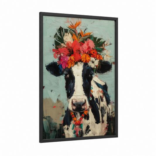 Floral Jersey Cow framed art print — black wood frame — light green and red palette
