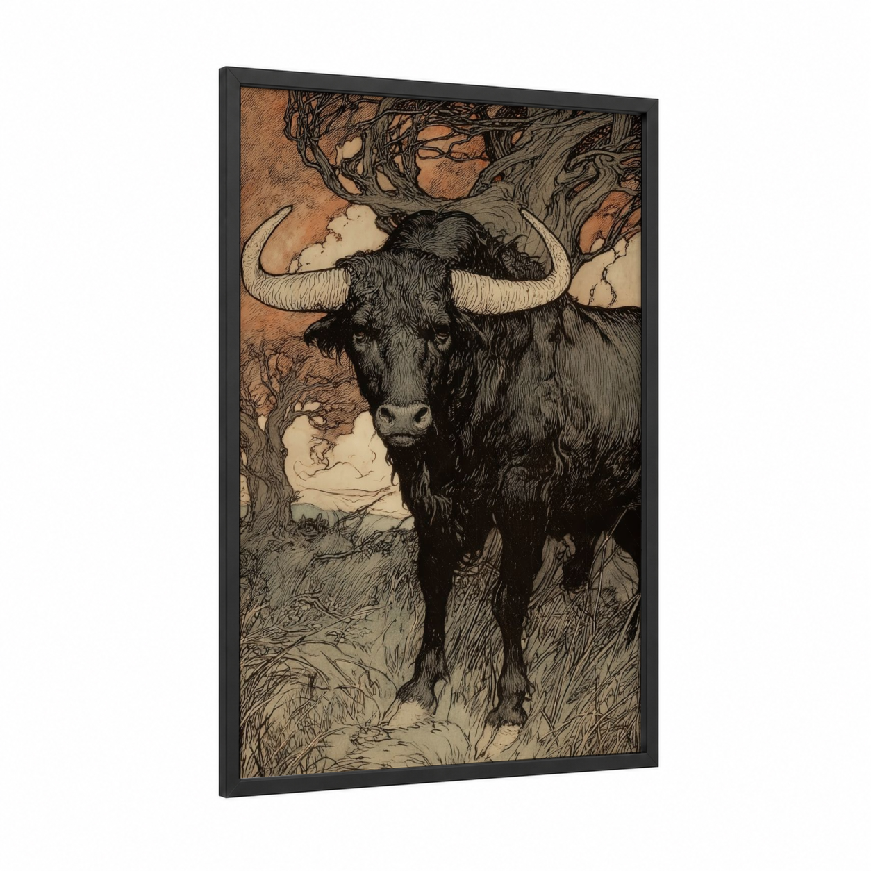 Majestic Bull Portrait framed art print — black wood frame — black and white and cream palette