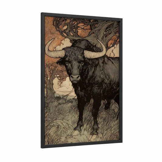 Majestic Bull Portrait framed art print — black wood frame — black and white and cream palette
