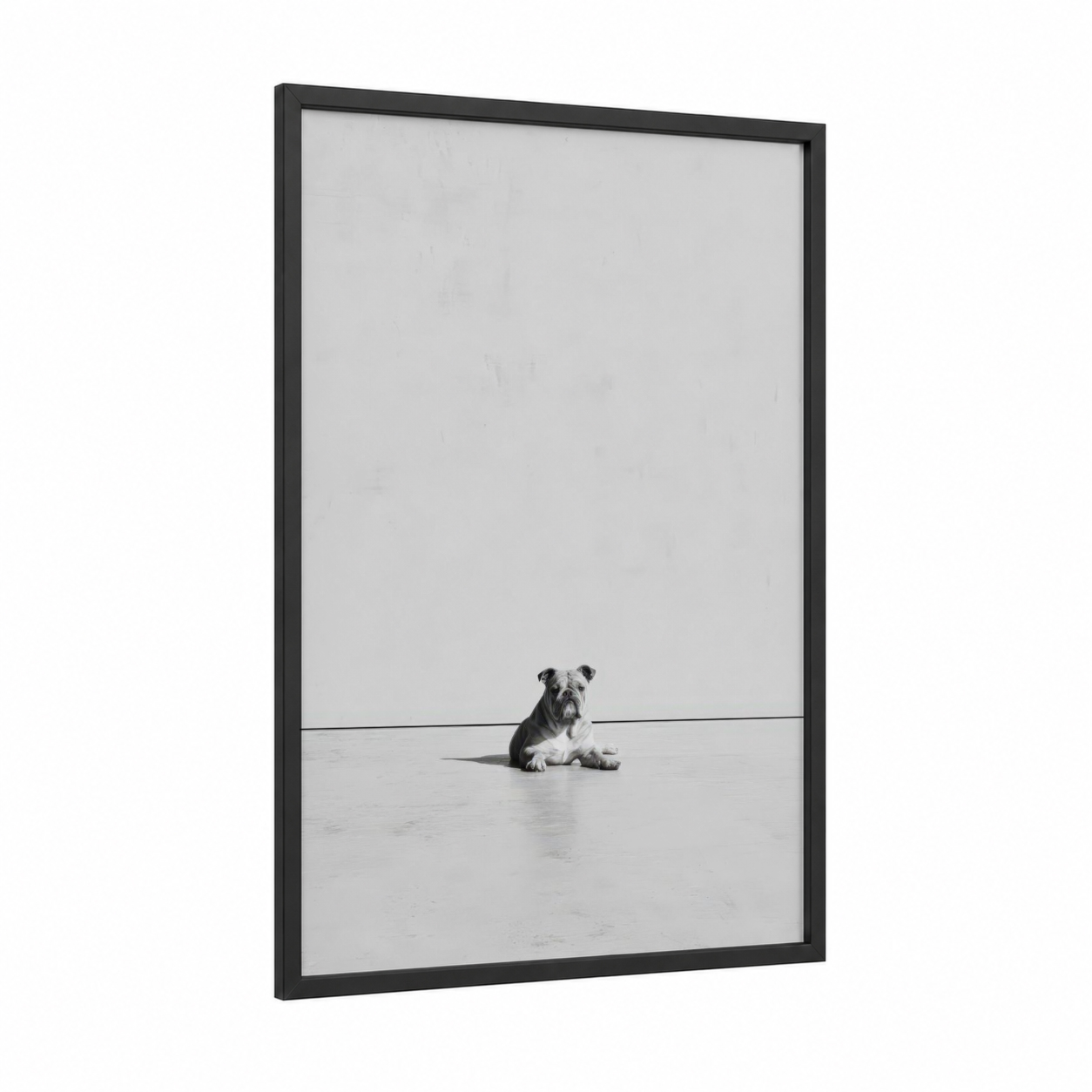 Contemplative Bulldog framed art print — black wood frame — black and white palette