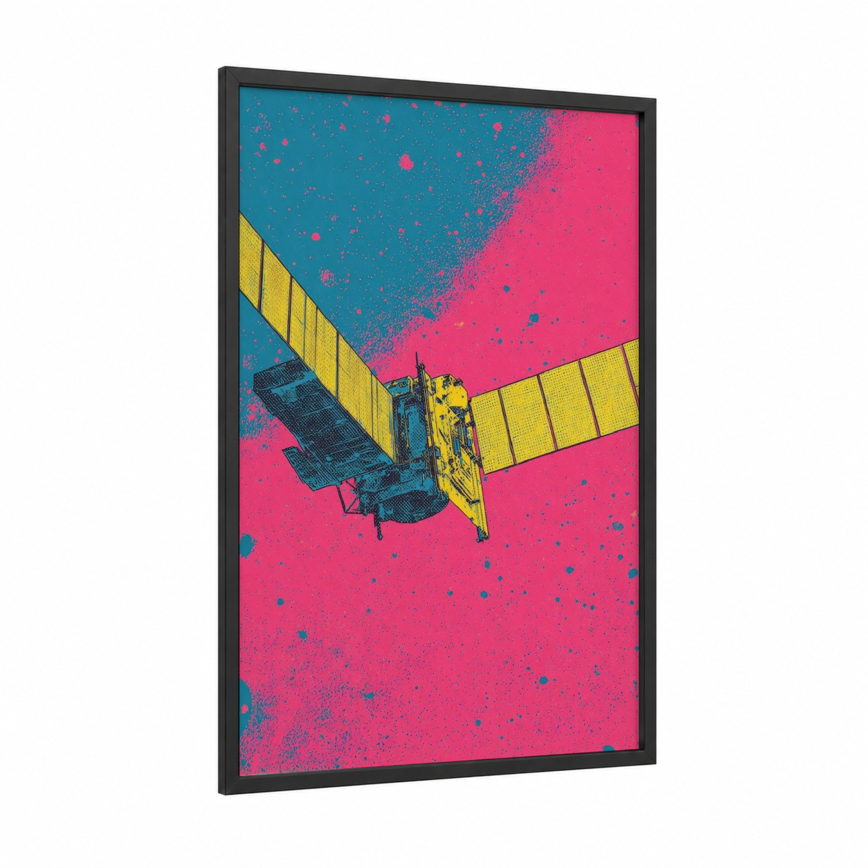 Orbital Yellow Satellite framed art print — black wood frame — magenta and teal palette