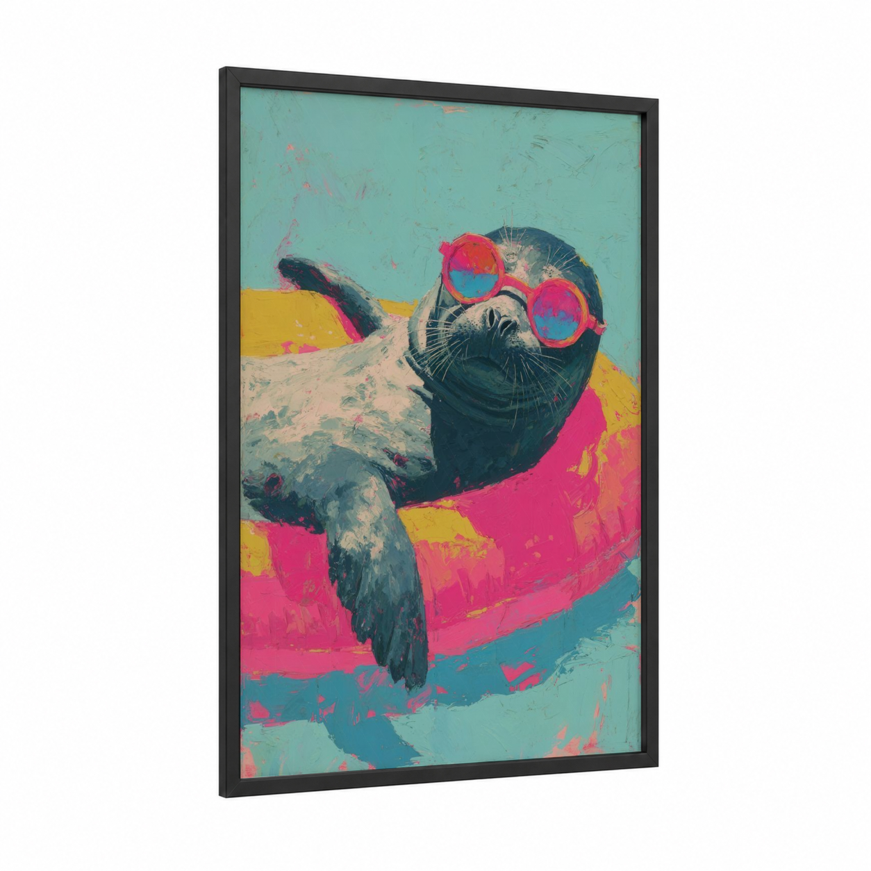 Cool Seal Vibes framed art print — black wood frame — turquoise and magenta palette